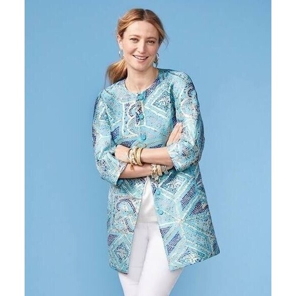 Chicos Coat NWT Blue Mosaic Jacquard Topper Jacket Snap Front Side Pockets 6 - Picture 1 of 13